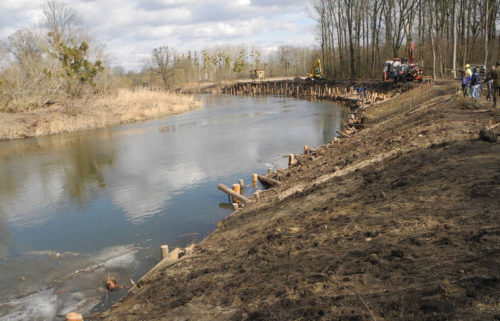  
				Runderneuertes Ufer – eine abgetreppte Uferpfahlwand stabilisiert das Ufer; für die Befüllung der Zwischenräume wurden Totholz, Steine und anstehendes Erdmaterial verwendet. © viadonau 
				